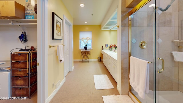 22 Sing Lee Aly # 5, Petersburg, AK 99833 - bathroom featuring vanity, a stall shower, recessed lighting, and baseboards