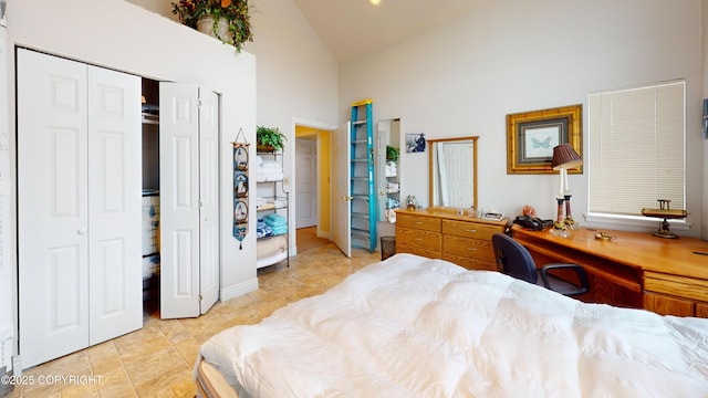 22 Sing Lee Aly # 5, Petersburg, AK 99833 - bedroom with high vaulted ceiling, a closet, and an office area