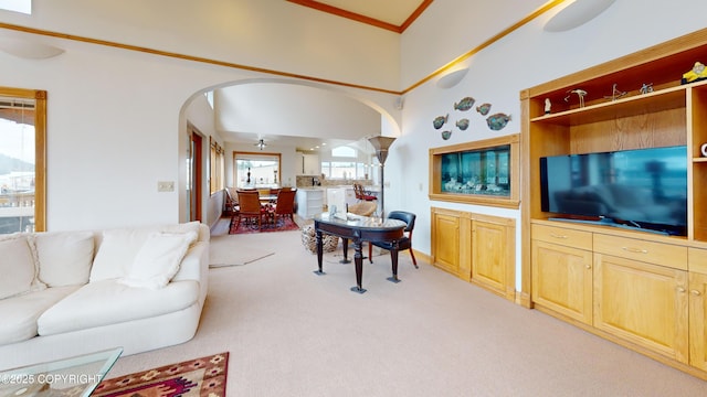 22 Sing Lee Aly # 5, Petersburg, AK 99833 - living area with arched walkways, light colored carpet, and ornamental molding