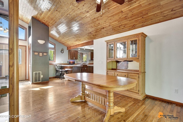 15245 Longbow Dr, Anchorage, AK 99516 - dining area featuring vaulted ceiling, baseboards, light wood-style flooring, wood ceiling, and ceiling fan