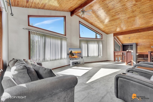 15245 Longbow Dr, Anchorage, AK 99516 - living area with a ceiling fan, wooden ceiling with exposed beams, carpet floors, high vaulted ceiling, and a chandelier