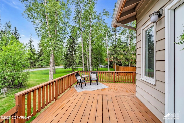 19705 Citation Rd, Eagle River, AK 99577 - wooden terrace featuring a yard and view of scattered trees