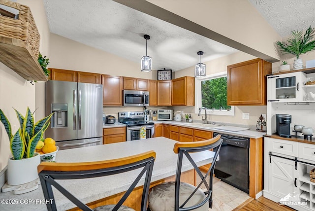 19705 Citation Rd, Eagle River, AK 99577 - kitchen featuring appliances with stainless steel finishes, a sink, a textured ceiling, vaulted ceiling, and light countertops