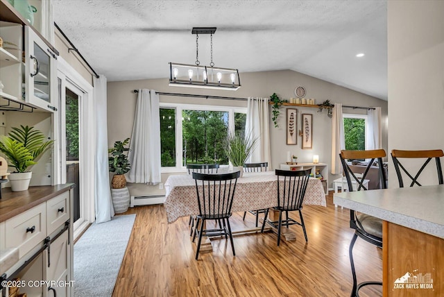 19705 Citation Rd, Eagle River, AK 99577 - dining space featuring a baseboard radiator, vaulted ceiling, light wood finished floors, and a textured ceiling