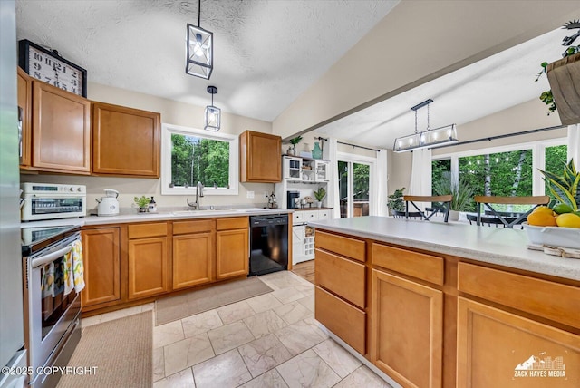 19705 Citation Rd, Eagle River, AK 99577 - kitchen with black dishwasher, stainless steel electric range oven, a sink, vaulted ceiling, and light countertops
