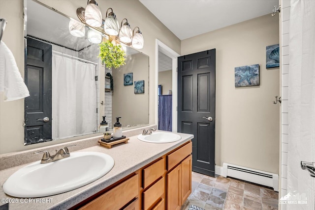19705 Citation Rd, Eagle River, AK 99577 - bathroom featuring a baseboard heating unit, double vanity, stone finish floors, curtained shower, and baseboards