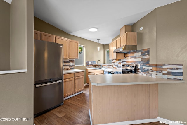 7616 Boundary Ave, Anchorage, AK 99504 - kitchen with appliances with stainless steel finishes, under cabinet range hood, decorative backsplash, a peninsula, and a sink