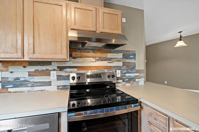7616 Boundary Ave, Anchorage, AK 99504 - kitchen featuring range with electric stovetop, under cabinet range hood, light brown cabinetry, decorative backsplash, and lofted ceiling