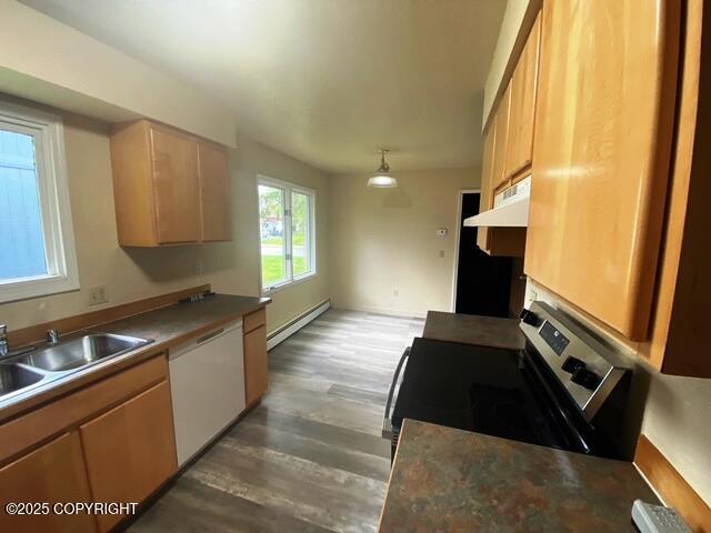 3301 Pussywillow St, Anchorage, AK 99504 - kitchen with electric range, white dishwasher, range hood, a baseboard radiator, and wood finished floors