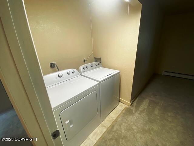 3301 Pussywillow St, Anchorage, AK 99504 - laundry area featuring washer and dryer, light carpet, a baseboard radiator, and baseboards