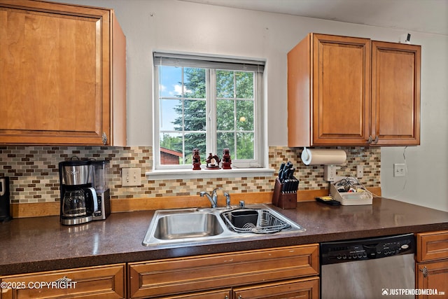 1503 N Heather Meadows Loop Unit 54, Anchorage, AK 99507 - kitchen featuring stainless steel dishwasher, a sink, dark countertops, and backsplash