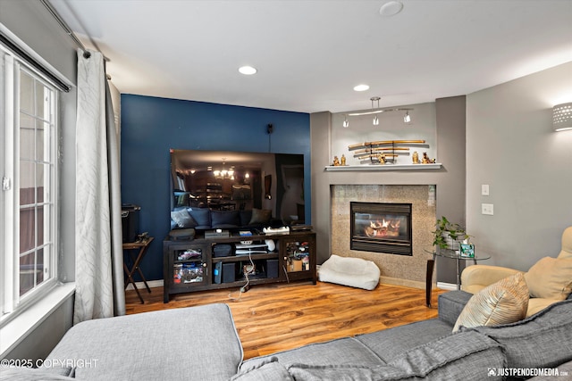1503 N Heather Meadows Loop Unit 54, Anchorage, AK 99507 - living area featuring wood finished floors, a glass covered fireplace, recessed lighting, and baseboards