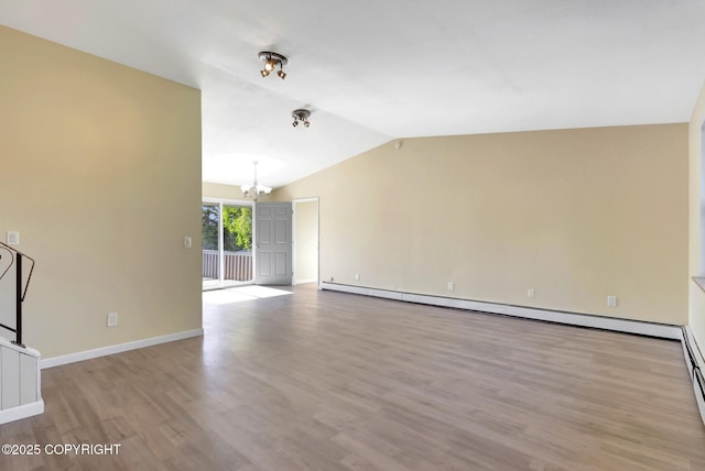 4665 Cascade Cir, Anchorage, AK 99502 - unfurnished living room featuring a chandelier, lofted ceiling, a baseboard heating unit, wood finished floors, and baseboards