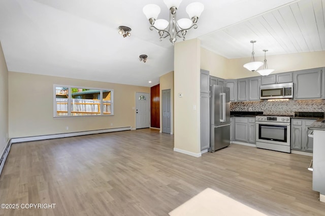 4665 Cascade Cir, Anchorage, AK 99502 - kitchen featuring high end appliances, gray cabinets, open floor plan, vaulted ceiling, and dark countertops