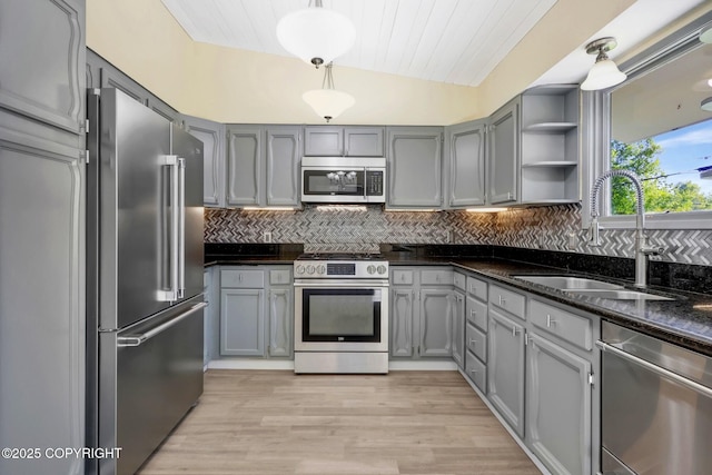 4665 Cascade Cir, Anchorage, AK 99502 - kitchen featuring appliances with stainless steel finishes, a sink, backsplash, gray cabinets, and open shelves
