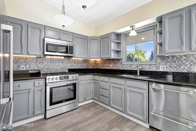 4665 Cascade Cir, Anchorage, AK 99502 - kitchen with appliances with stainless steel finishes, a sink, open shelves, gray cabinets, and wooden ceiling