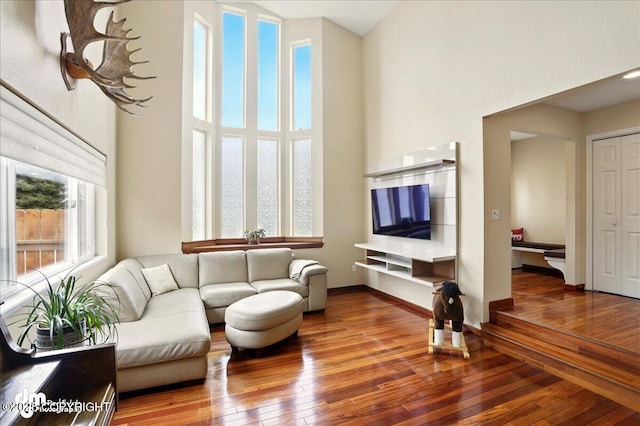 10410 Constitution St, Anchorage, AK 99515 - living room with hardwood / wood-style flooring, a high ceiling, and baseboards