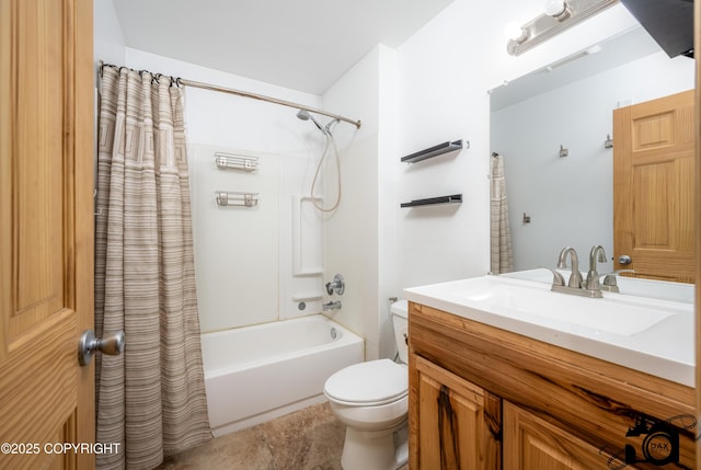 639 E Beaver Ave, Palmer, AK 99645 - bathroom featuring vanity, shower / bathtub combination with curtain, and toilet