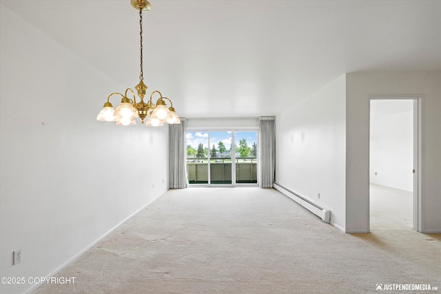 836 M St # 215, Anchorage, AK 99501 - carpeted spare room featuring a baseboard heating unit, a chandelier, and baseboards