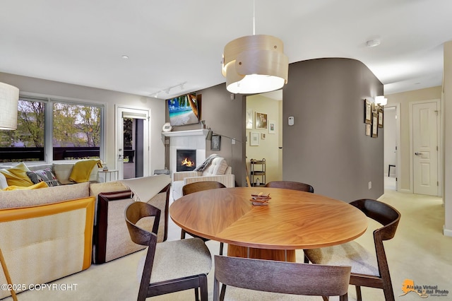 1200 I St # 206, Anchorage, AK 99501 - dining space with a lit fireplace, track lighting, and light colored carpet