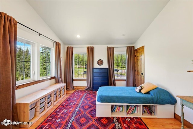 7350 E Narnia Cir, Palmer, AK 99645 - bedroom featuring lofted ceiling, wood finished floors, recessed lighting, and baseboards