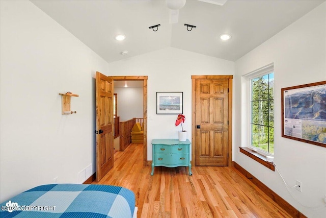 7350 E Narnia Cir, Palmer, AK 99645 - bedroom with light wood-type flooring, vaulted ceiling, baseboards, recessed lighting, and a ceiling fan