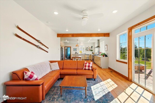 7350 E Narnia Cir, Palmer, AK 99645 - living area with recessed lighting, light wood-style floors, beam ceiling, baseboards, and ceiling fan