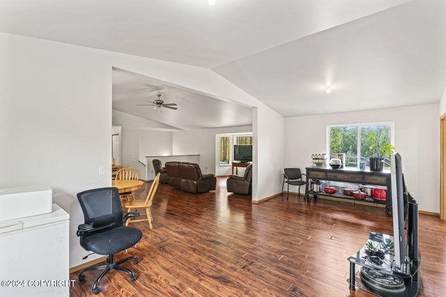 7879 W Sally Ct, Wasilla, AK 99623 - living room featuring lofted ceiling, wood finished floors, and ceiling fan