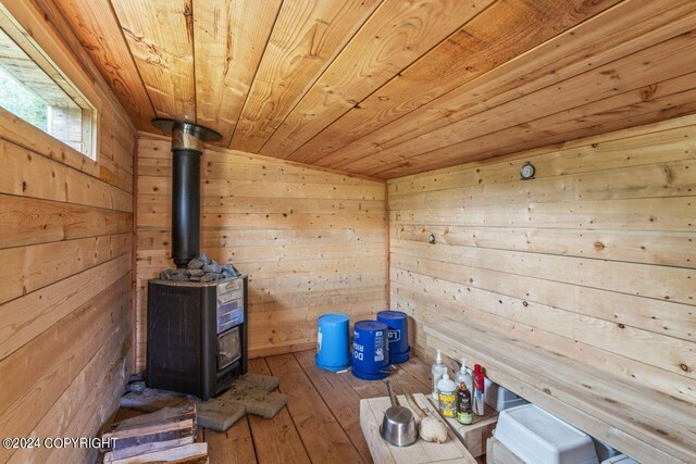 7879 W Sally Ct, Wasilla, AK 99623 - sauna with wooden walls, hardwood / wood-style flooring, and wood ceiling
