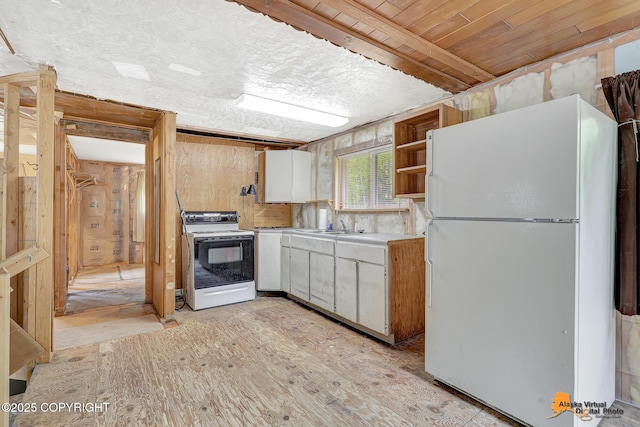 8380 N Gold Creek Cir, Palmer, AK 99645 - kitchen with white appliances, open shelves, white cabinetry, light countertops, and wooden walls