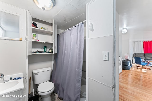 241 N Flower St, Anchorage, AK 99508 - full bathroom featuring toilet, vanity, a shower with shower curtain, and wood finished floors