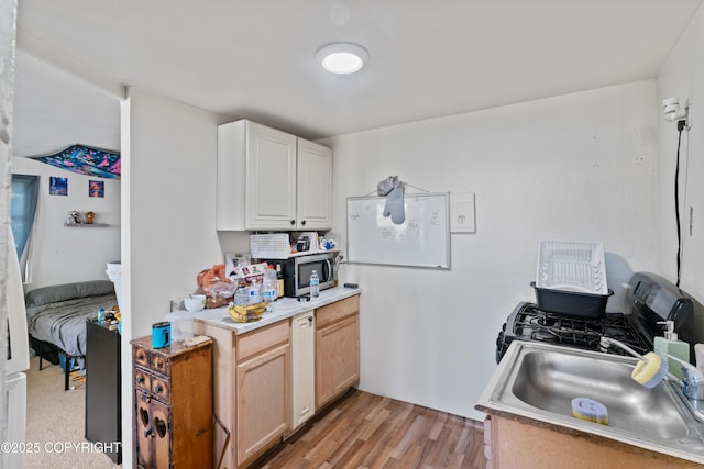 241 N Flower St, Anchorage, AK 99508 - kitchen with light countertops, light wood-type flooring, stainless steel gas range oven, and a sink