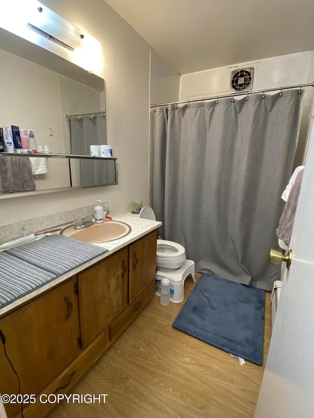 4312 Penguin St, Anchorage, AK 99503 - full bath with wood finished floors, vanity, toilet, and curtained shower