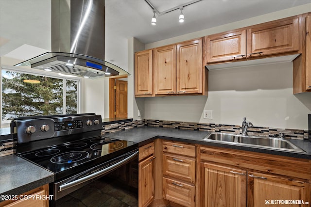 905 Wild Rose Ct # 905, Anchorage, AK 99518 - kitchen featuring black range with electric cooktop, island exhaust hood, a sink, and dark countertops