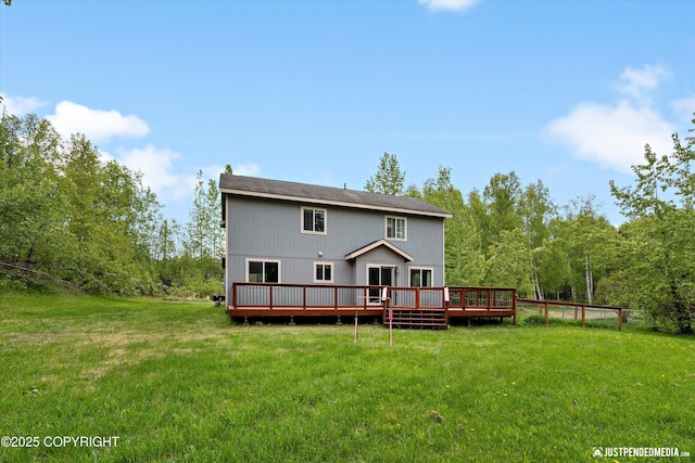 1061 E Mulchatna Dr, Wasilla, AK 99654 - rear view of property with a wooden deck, a yard, and a view of trees