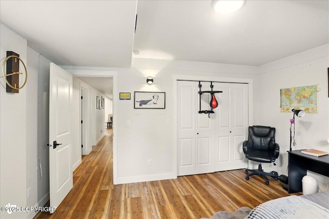 8727 Turlock Dr, Eagle River, AK 99577 - bedroom with light wood-type flooring, a closet, and baseboards