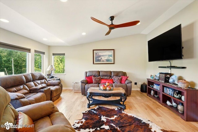 3872 N Charley Dr, Wasilla, AK 99654 - living room featuring vaulted ceiling, ceiling fan, wood finished floors, recessed lighting, and baseboards
