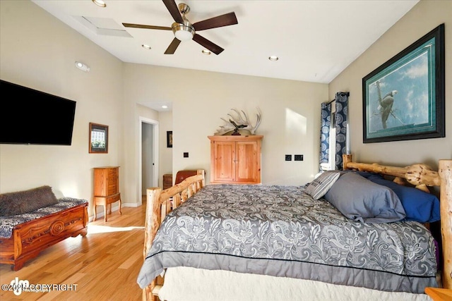3872 N Charley Dr, Wasilla, AK 99654 - bedroom featuring wood finished floors, vaulted ceiling, recessed lighting, and ceiling fan