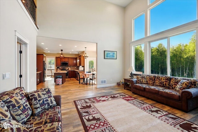 2034 E Sage Rd, Wasilla, AK 99654 - living room featuring a high ceiling, light wood finished floors, plenty of natural light, baseboards, and recessed lighting