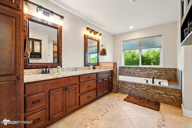 2034 E Sage Rd, Wasilla, AK 99654 - full bath featuring tile patterned flooring, double vanity, a garden tub, inlaid floor details, and recessed lighting