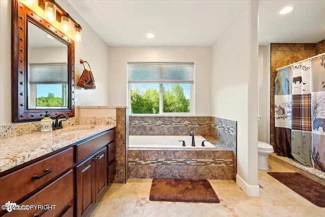 2034 E Sage Rd, Wasilla, AK 99654 - bathroom featuring vanity, toilet, a bath, a shower with curtain, and recessed lighting