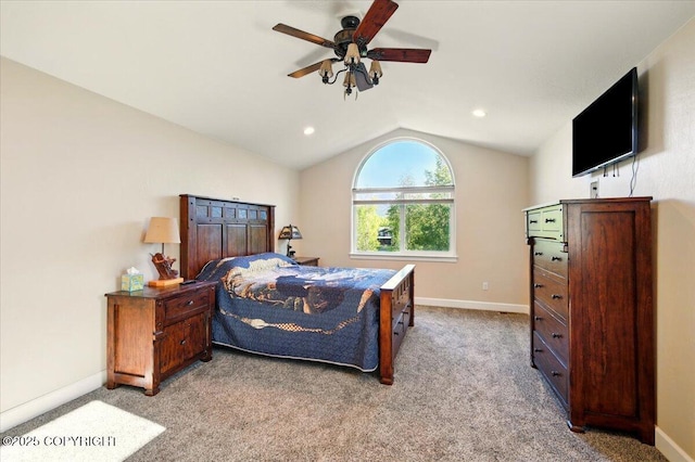 2034 E Sage Rd, Wasilla, AK 99654 - bedroom with lofted ceiling, baseboards, light colored carpet, ceiling fan, and recessed lighting