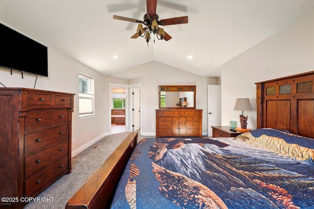 2034 E Sage Rd, Wasilla, AK 99654 - carpeted bedroom featuring baseboards, lofted ceiling, recessed lighting, and a ceiling fan
