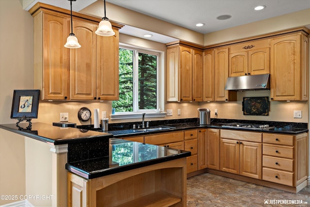 2931 Captain Cook Estates Cir, Anchorage, AK 99517 - kitchen featuring under cabinet range hood, a sink, stainless steel gas stovetop, a peninsula, and open shelves