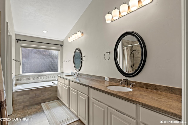 2931 Captain Cook Estates Cir, Anchorage, AK 99517 - bathroom with double vanity, a garden tub, vaulted ceiling, curtained shower, and tile patterned flooring