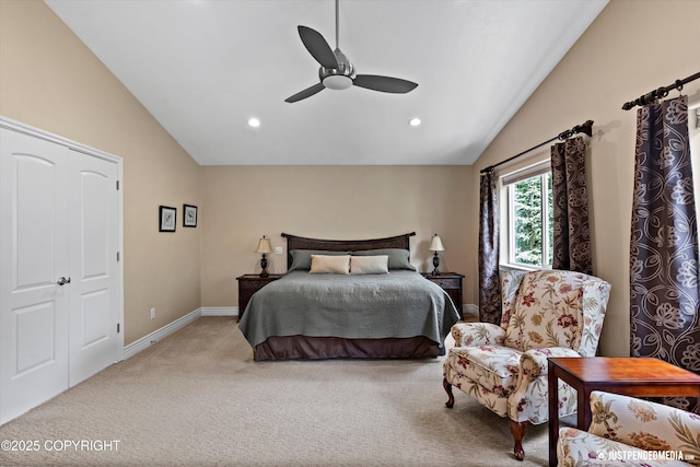 2931 Captain Cook Estates Cir, Anchorage, AK 99517 - carpeted bedroom with vaulted ceiling, recessed lighting, baseboards, and a ceiling fan