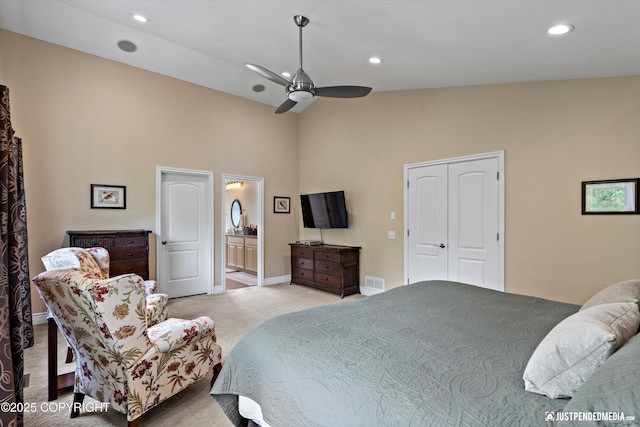 2931 Captain Cook Estates Cir, Anchorage, AK 99517 - bedroom featuring light colored carpet, baseboards, high vaulted ceiling, recessed lighting, and ceiling fan