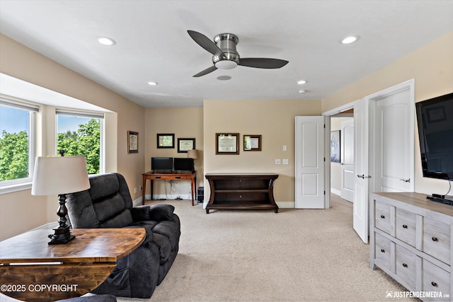 2931 Captain Cook Estates Cir, Anchorage, AK 99517 - living room featuring light carpet, a ceiling fan, baseboards, and recessed lighting