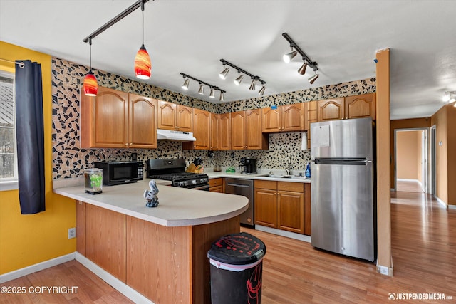 2261 Ridgewood Dr, Wasilla, AK 99654 - kitchen featuring stainless steel appliances, under cabinet range hood, light wood-style flooring, and a peninsula
