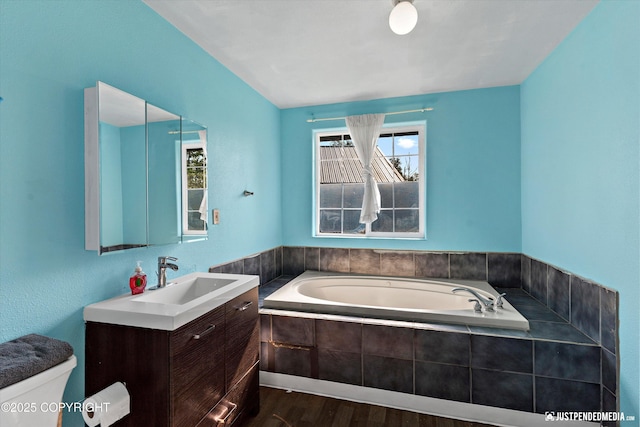 2261 Ridgewood Dr, Wasilla, AK 99654 - full bathroom featuring a garden tub, wood finished floors, and vanity